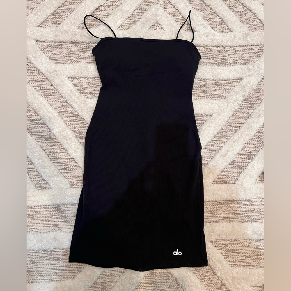 ALO Black Goddess Ribbed Spaghetti Strap Bodycon Mini Dress XS - Picture 3 of 5